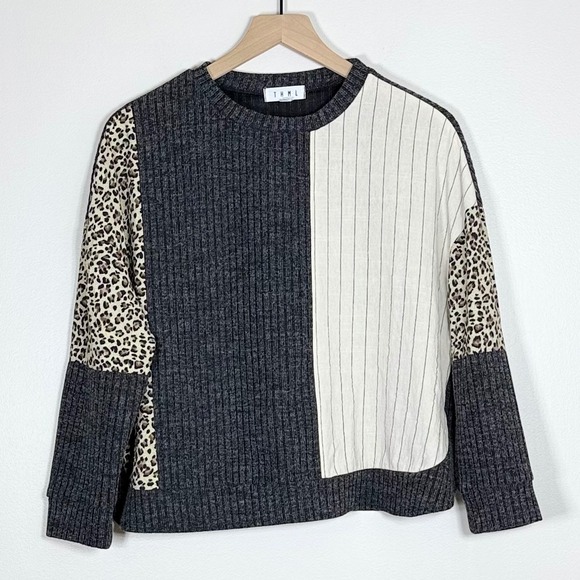 THML Tops - THML Womens Sweater Size S Gray Colorblock Leopard Pinstripe Ribbed Mixed Media